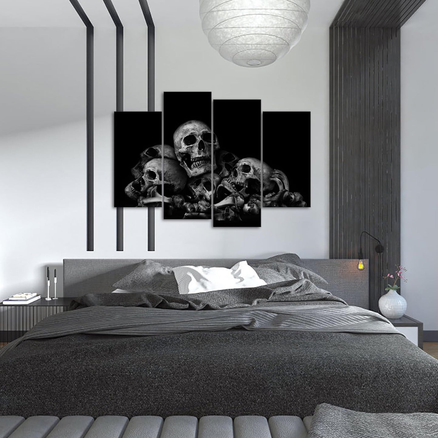 iKNOW FOTO Large 4-Panel 48x33 Black and White Skulls Canvas Wall Art - Abstract Halloween Day of Dead Skeleton Picture Print, Ready to Hang for Home Bedroom Decor