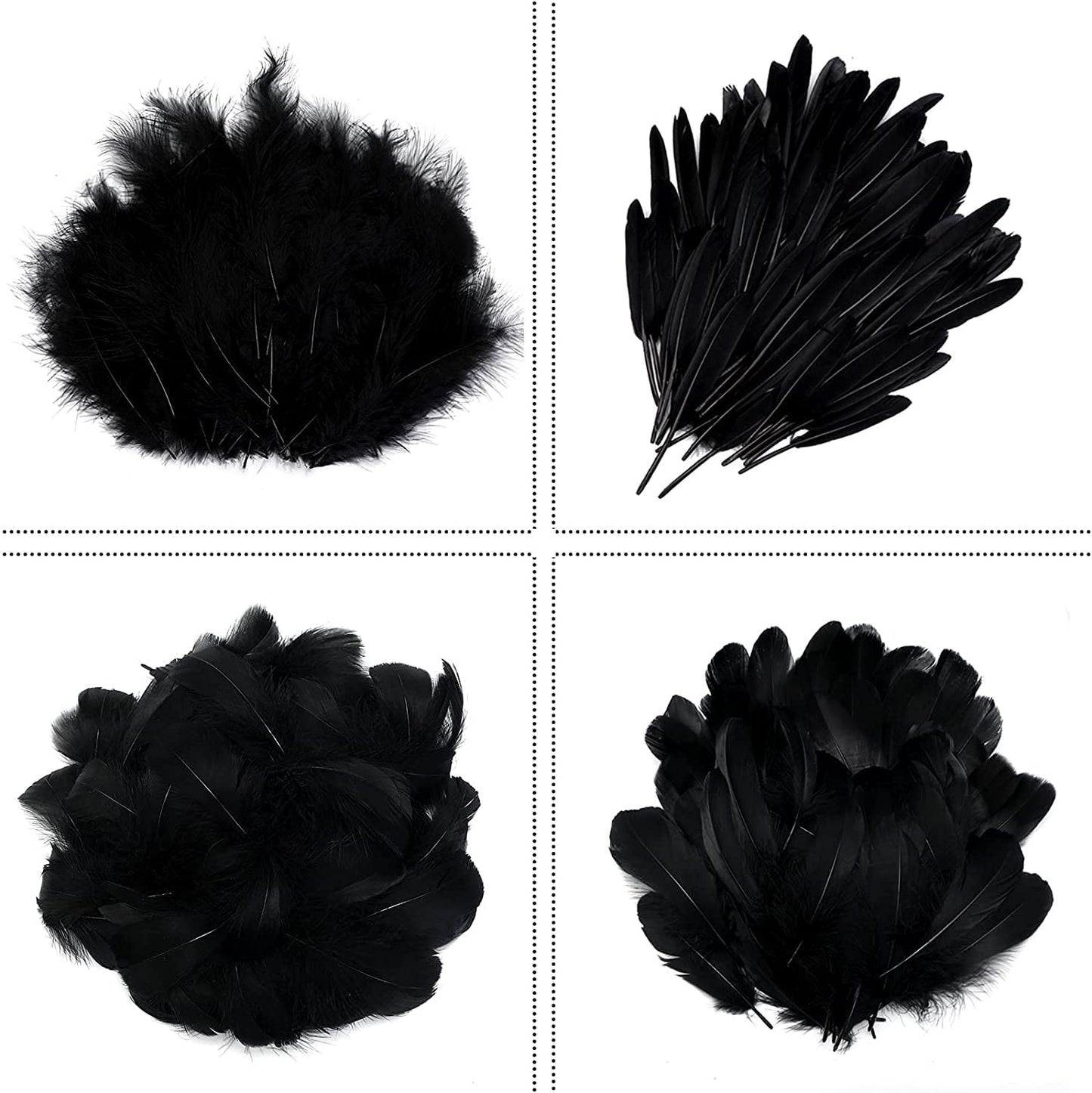MWOOT 400Pcs Black White Feathers, 4 Assorted Crafts Feathers for Halloween Costume Wings Dream Catchers DIY Christmas Tree Wreath Wedding Decor Art Handmade