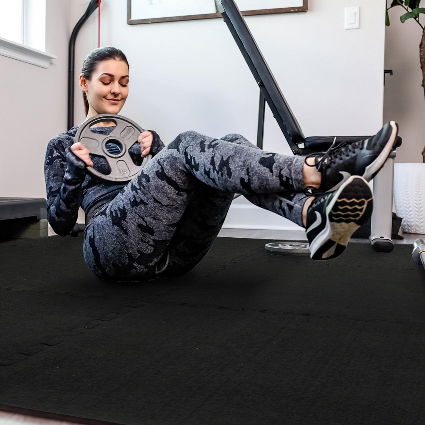 SUPERJARE 0.4'' Thick 36 Pcs 144 Sq Ft Rubber Top Exercise Equipment Mats, High Density EVA Foam Mats with Rubber Top, Interlocking Gym Flooring for Home Gym, Protective Workout Mat, Black/Grey