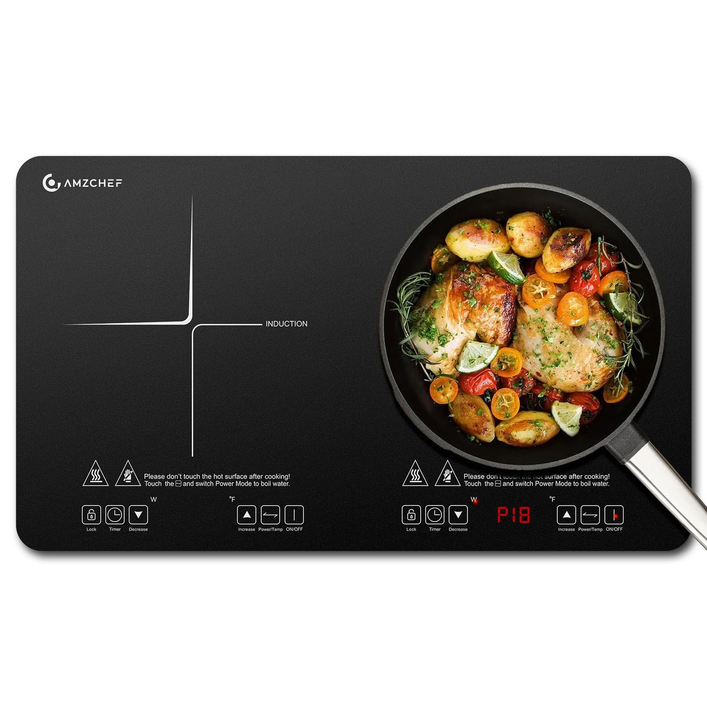 AMZCHEF Portable-Induction-Cooktop-2-Burner-ETL-Certified: 18 Power & 20 Temperature Levels Induction Burners 1800W, Independent Control,10-hour Timer, Safety Lock, Low Noise Electric Cooktops