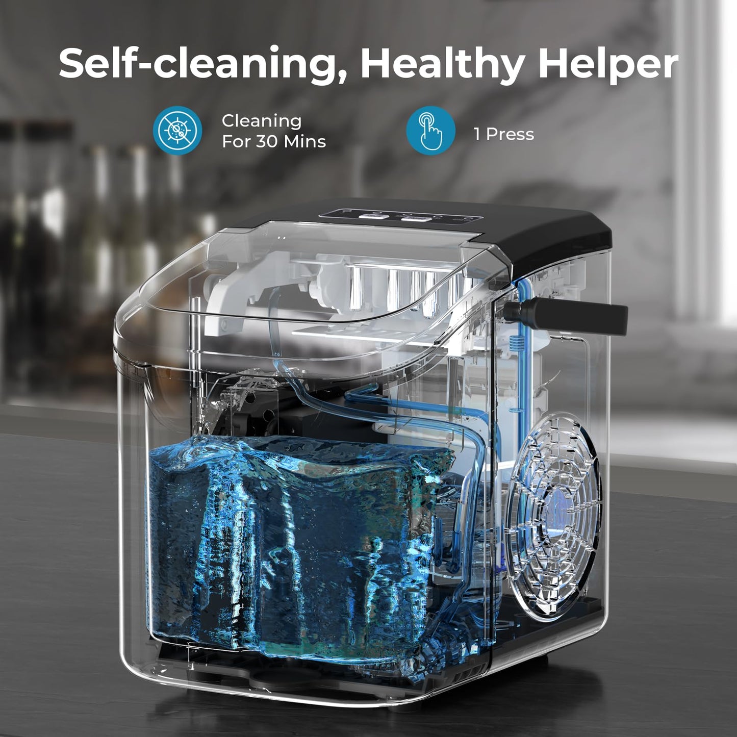 Antarctic Star Countertop Ice Maker Machine, 8 Ice Cubes in 6 mins, 26lb/Day Ice with 2 Sizes- Portable Mini, Energy Saving & Basket/Scoop for Home/Party/Travel/Camping/Bar, Dark Black