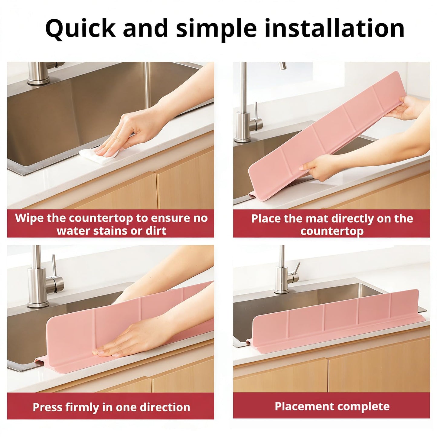 URJWAN Food Grade Silicone Sink Splash Guard (23 Inch), 7 Strong Suction Cups Non-Slip Water Protector, Dishwasher Safe & Cuttable for Kitchen/Bathroom Countertops (Pink)