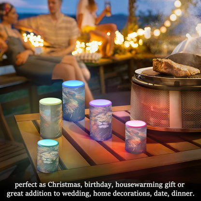 Lights Flameless Candles Painting Lion Pillar Candles Set of 2 Battery Operated Remote Control Warm Lights Home Decor