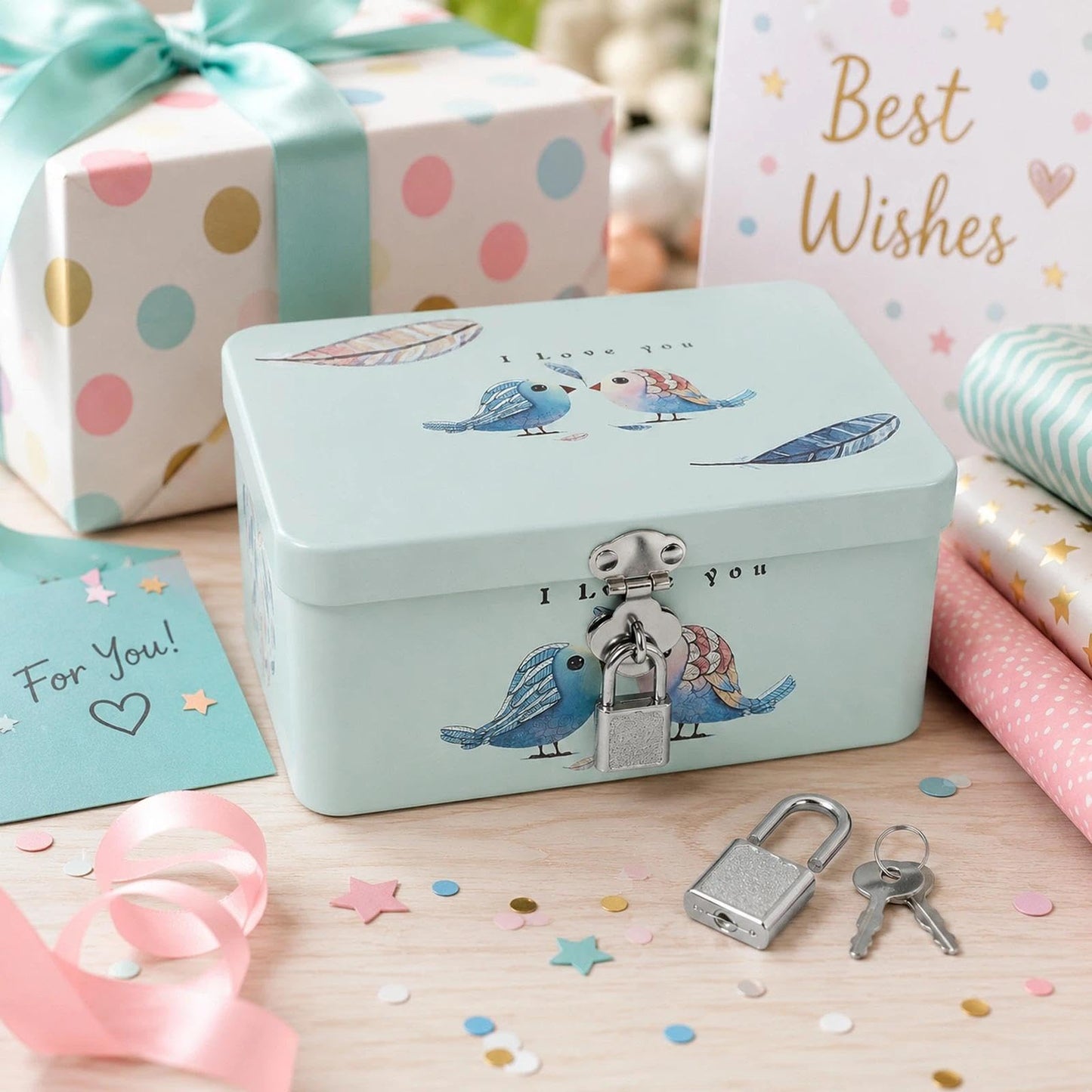 LOGOFUN Retro Style Rectangle Tinplate Storage Box with Padlock Two Birds Pattern Small Metal Keepsake Container Tin Case for Kids Girls Boys Gifts