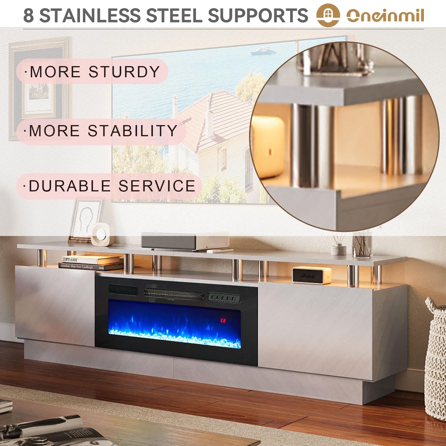 oneinmil Fireplace TV Stand with 36” Electric Fireplace, 2 Tier TV Console Stand for TVs Up to 90"", LED Light Entertainment Center, Fireplace for The Living Room TV Stand, Black, 80''