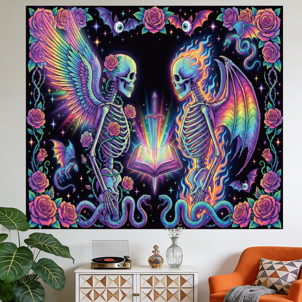 TNKBREEZE Blacklight Tapestry Skeleton Tapestries Wings UV Reactive Black Light Wall Art Glow in the Dark for Bedroom Living Room Dorm Party Decor 51.2 x 59.1 In