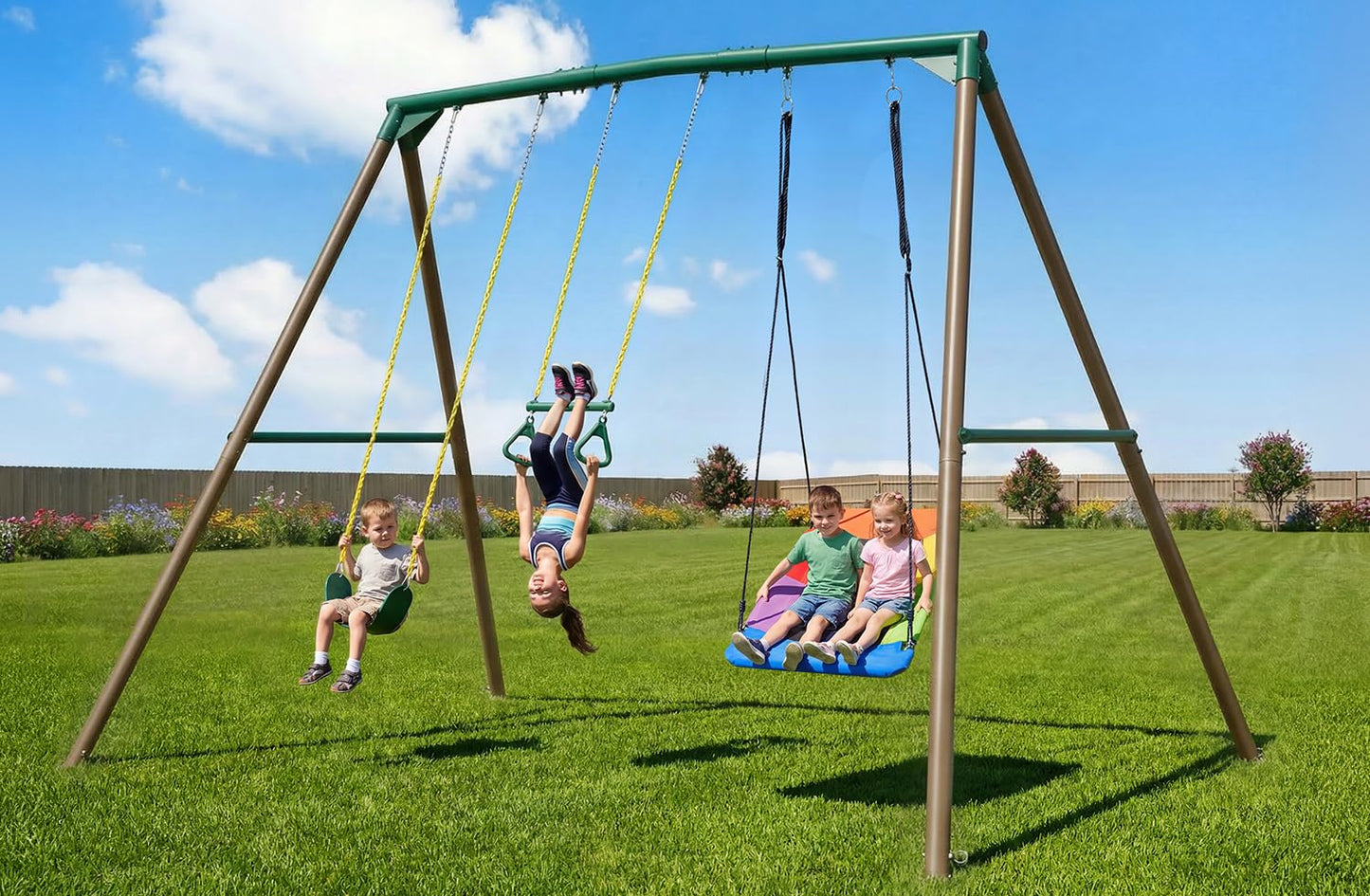 Hapfan 9.5' Tall Swing Sets for Backyard with Platform Swing, Heavy Duty Metal Swingset Outdoor for Kids with Trapeze Bar (Green and Brown)