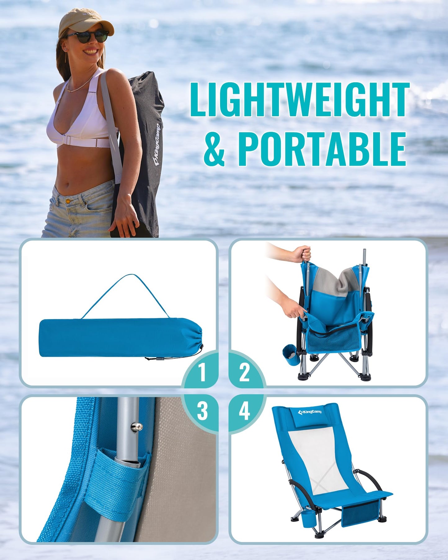 KingCamp Low Beach Chair, Folding Portable Chairs for Adults lightweight Extra Wide Ergonomic High Mesh Back Seat 300lbs Heavy Duty Oversized Gear with Carry Bag for Outdoor Lawn Camping Picnic