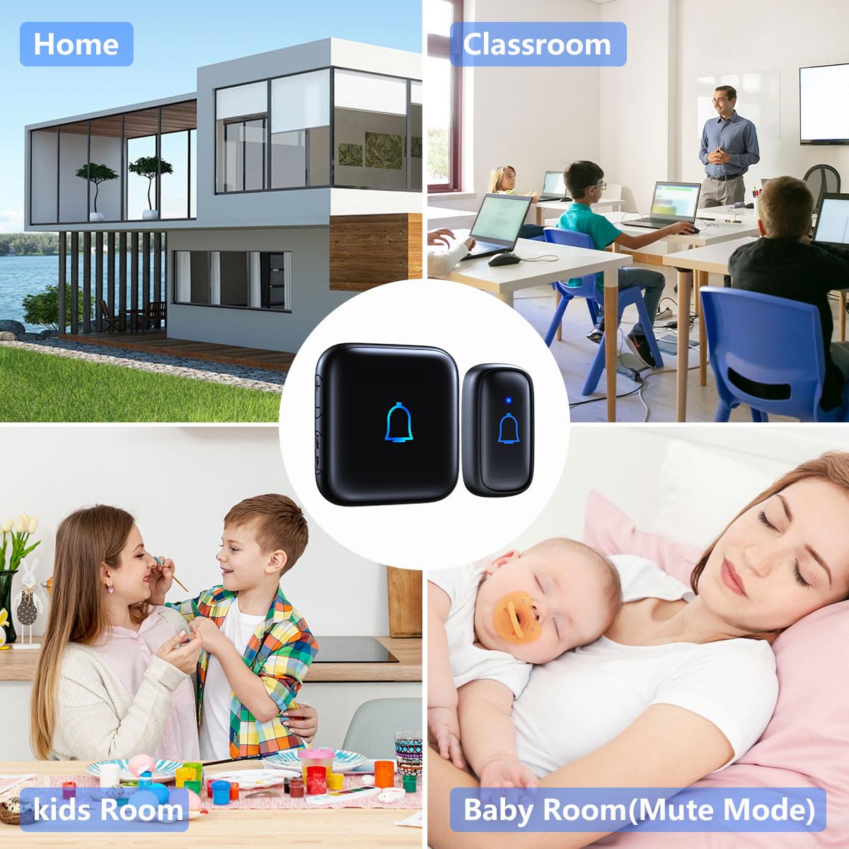 Classroom Doorbell Wireless Doorbell IP66 Waterproof 1000Ft 66 Chimes Mute Mode 115dB 7-Level Vol Loud Electric Door Bells for Home Office Classroom Kids Room Teachers & Hearing-Impaired