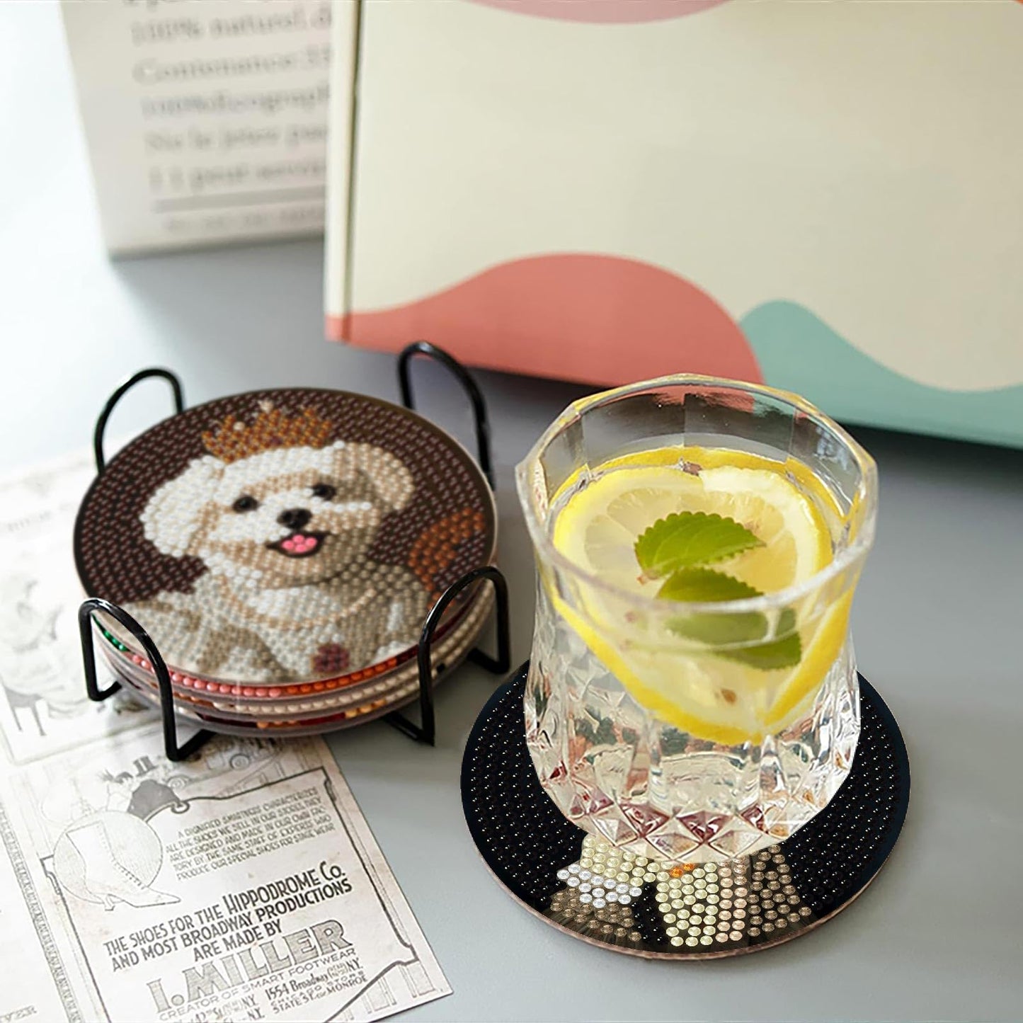 Yijingtop Retro Dog Diamond Art Painting Coasters Kit, 8 Pieces Puppy Diamond Art Coasters with Holder, DIY Funny Dog Small Diamond Art for Beginners