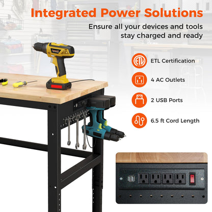 IRONMAX 48'' Adjustable Work Bench with Wheels, 1760 LBS Heavy Duty Oak Wood Table Top Workstation w/Power Strip & Foot Pad, 5 Different Height Hardwood Worktable for Workshop, Garage, Office, Home