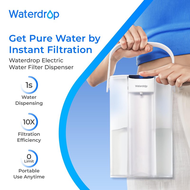 Waterdrop ED01W Electric Water Filter Pitcher, Reduce 99.6% of Lead and 45+ Impurities, 15-Cup 200-Gallon Capacity, Rechargeable Instant Dispenser, NSF/ANSI 42&53&401&372, Does not Lower TDS, White