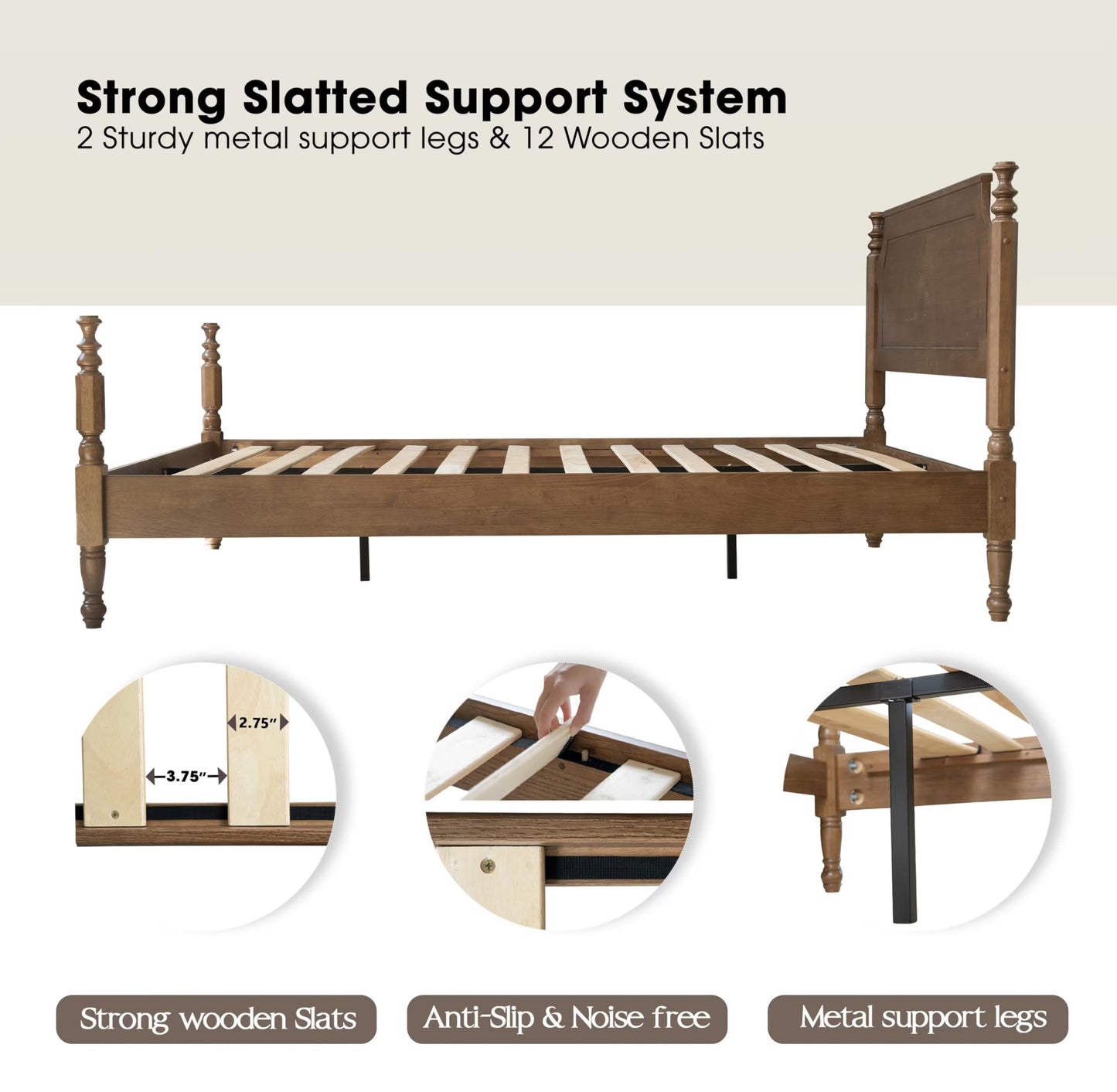 Solid Wood Queen Size Bed Frame with Headboard & Footboard, 12 Strong Slats, Center Metal Legs, Anti-Slip & Noise-Free Design, No Box Spring Needed, Quick Assemble, Barnwood Finish, ROQ-30