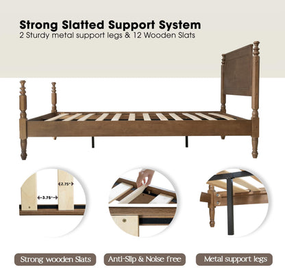 Solid Wood Queen Size Bed Frame with Headboard & Footboard, 12 Strong Slats, Center Metal Legs, Anti-Slip & Noise-Free Design, No Box Spring Needed, Quick Assemble, Barnwood Finish, ROQ-30