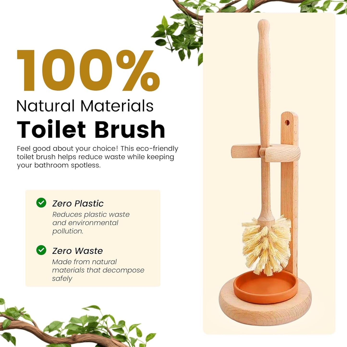 14 Inch ELDR Supply Toilet Bowl Cleaner Brush with Holder, Extra Long German Beechwood Handle, Strong Hemp Bristles