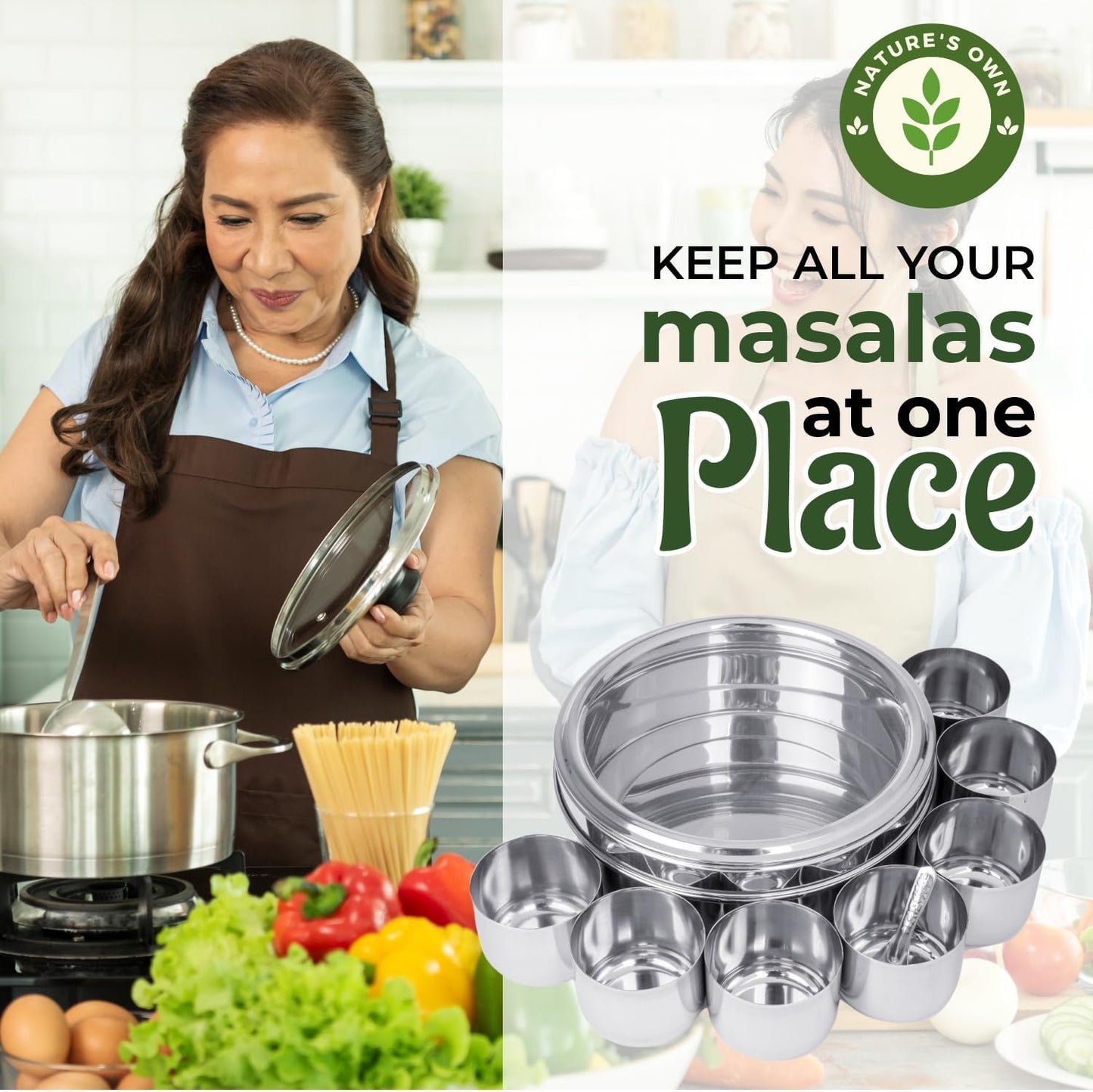 Nature's Own Stainless Steel Spice Box with Non-Breakable Transparent Glass, 7 Containers and 1 Spoon, Spice Box (22CM)