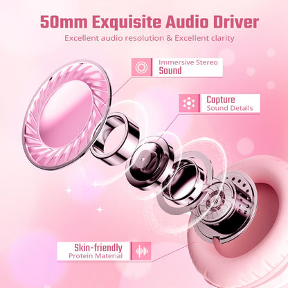 UNIOJO Pink Gaming Headset Noise-Canceling Mic, Wired Over-Cat Ear Headphones, Surround Sound, LED Breathing Light, Memory Foam Ear Pads, for Xbox Series, PS5, PS4, Switch, PC, Mobile