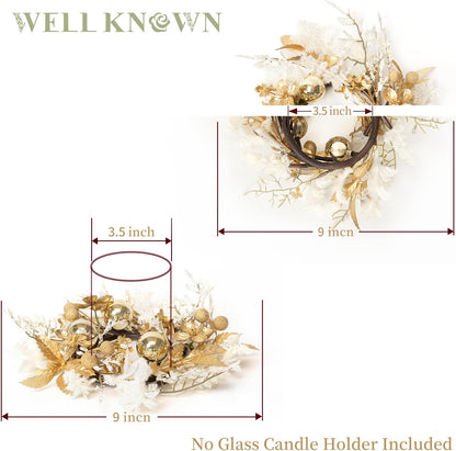 Well Known Mini Golden White Floral Candle Rings - 9" Decorative Wreaths for Home & Events