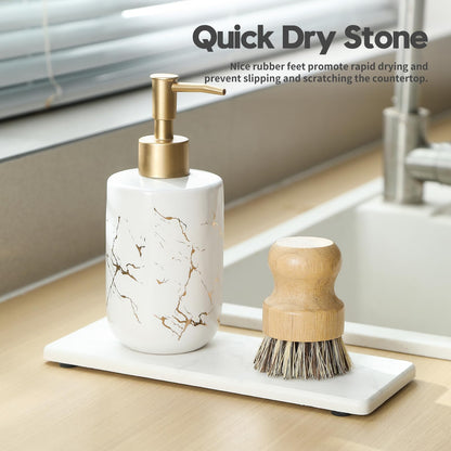 2PCS Water Absorbing Stone Drying Tray for Kitchen Counter & Bathroom Sink, Diatomite Faucet Splash Guard, Soap Dispenser Rack & Sponge Holder Caddy Organizer, Marble White (Printed Pattern), 9"x 3.5"