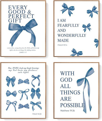 LARTSFRO Coquette Navy Blue Bow Wall Art - Aesthetic Decor for Teen Girls | Set of 4 Unframed 10x8 Inch Prints
