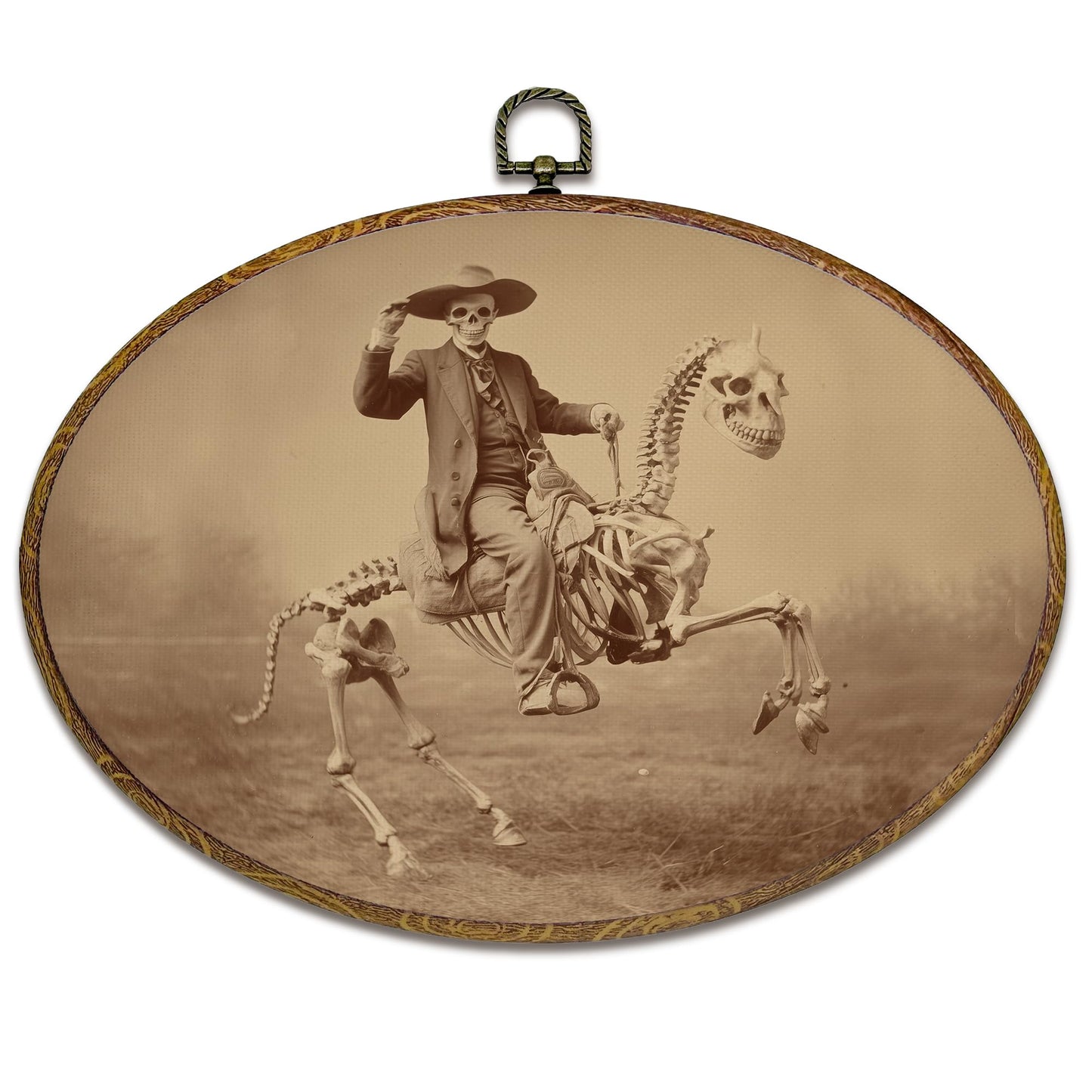 kdqua Funny Western Cowboy Skeleton Oval Wall Art Decor, Western Canvas Artwork Framed, Rustic Spooky Skeleton Skull Wall Hanging Decorations for Home Living Room Bedroom, 11.4x8.6 Inch