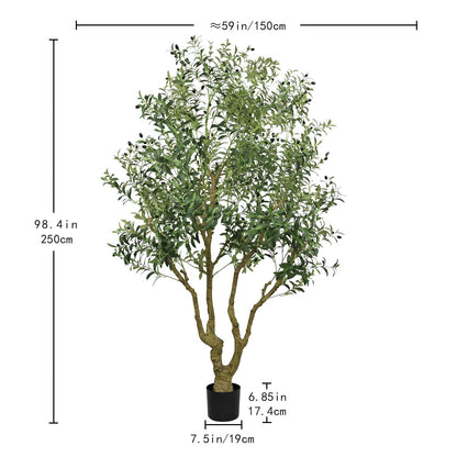 8ft Olive Trees Artificial Indoor Large Faux Olive Tree with Pot, Natural Wood Trunk, Lifelike Fruits & Branches, Fake Plants for Indoor Outdoor Home Office Living Room Floor Decor, 1 Pack