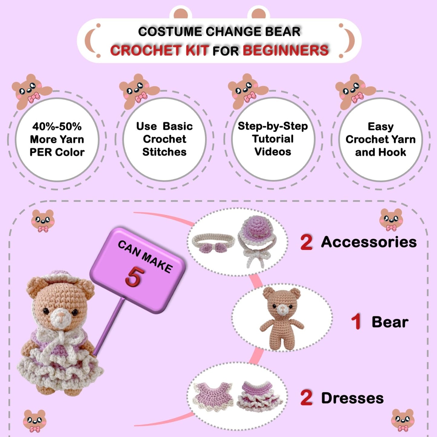 LoopMap Amigurumi Crochet Kit for Beginners with Removable Dress & Video Tutorials, DIY Bear Making Kit Includes Premium Yarn & Tools, Creative Gift for Adults Teens (Purple)