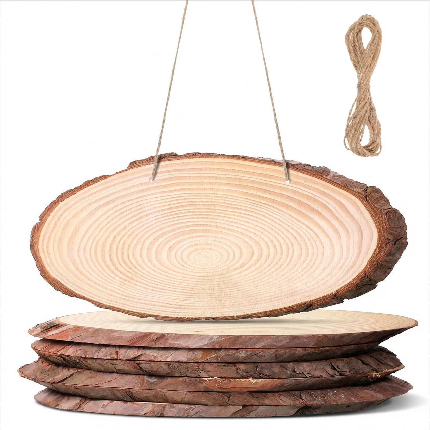 6 Pack 11 Inch Oval Wood Slice Basswood Plaque Hanging Signs with Jute, Unfinished Craft Wooden Slices Hanging Signs with Bark and Small Eye Ring for Burning Painting Crafts DIY, Painting, Ornament