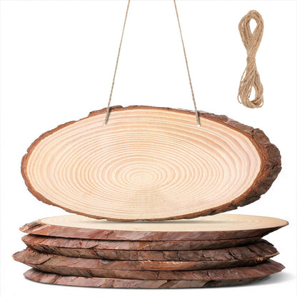 6 Pack 11 Inch Oval Wood Slice Basswood Plaque Hanging Signs with Jute, Unfinished Craft Wooden Slices Hanging Signs with Bark and Small Eye Ring for Burning Painting Crafts DIY, Painting, Ornament