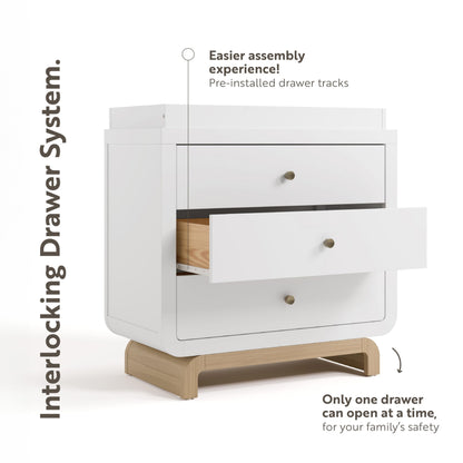 Storkcraft Santorini 3 Drawer Chest with Changing Topper (White with Driftwood) – GREENGUARD Gold Certified, Award-Winning Premium Wood Dresser for Baby & Kids Bedroom with Interlocking Drawer System