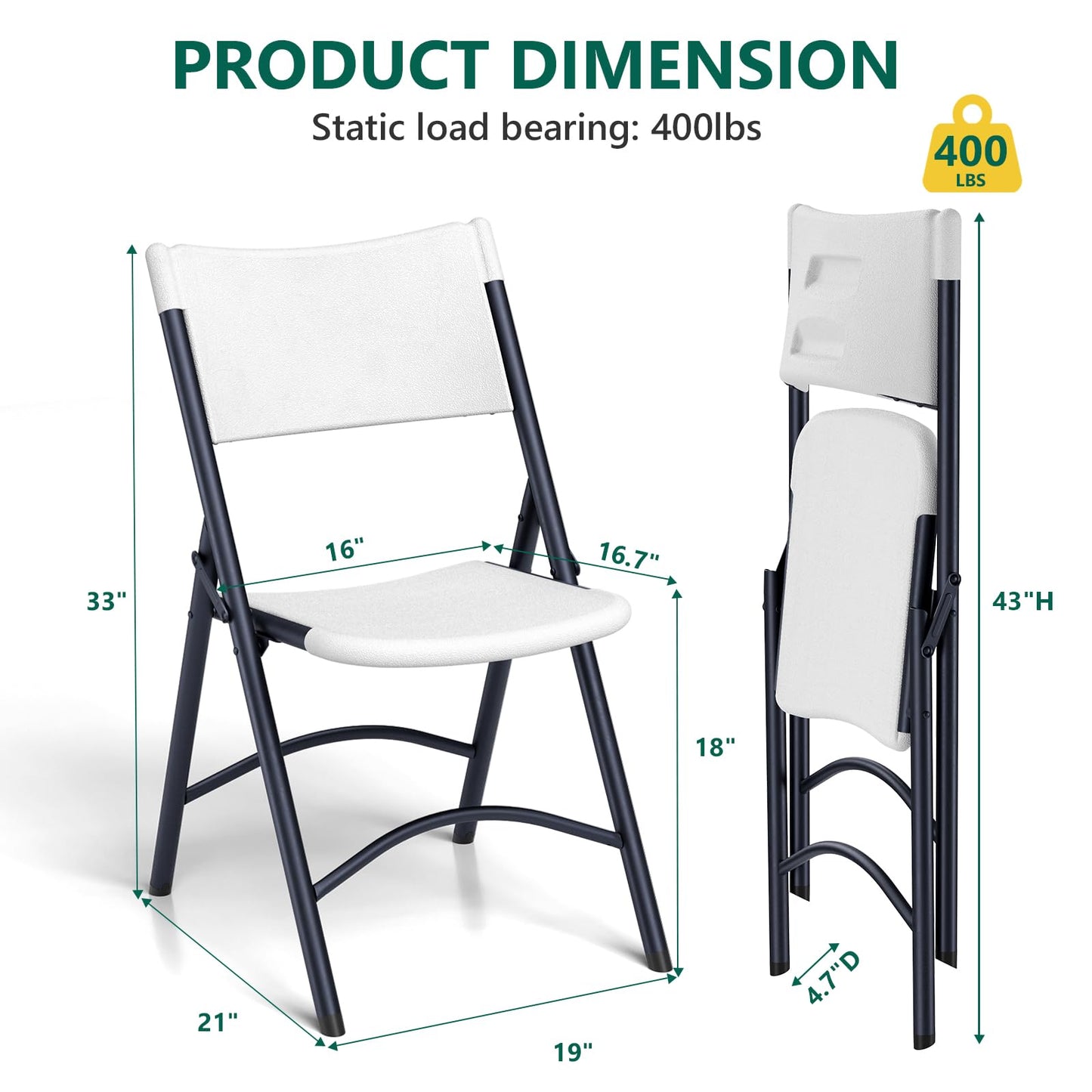 MAKE CHANGES Folding Chair 12 Pack, Portable Commercial Heavy Duty Plastic Folding Chairs with Steel Frame for Indoor, Outdoor, Office, Meeting, Wedding, Patio, Picnic, 400lbs Capacity(White)