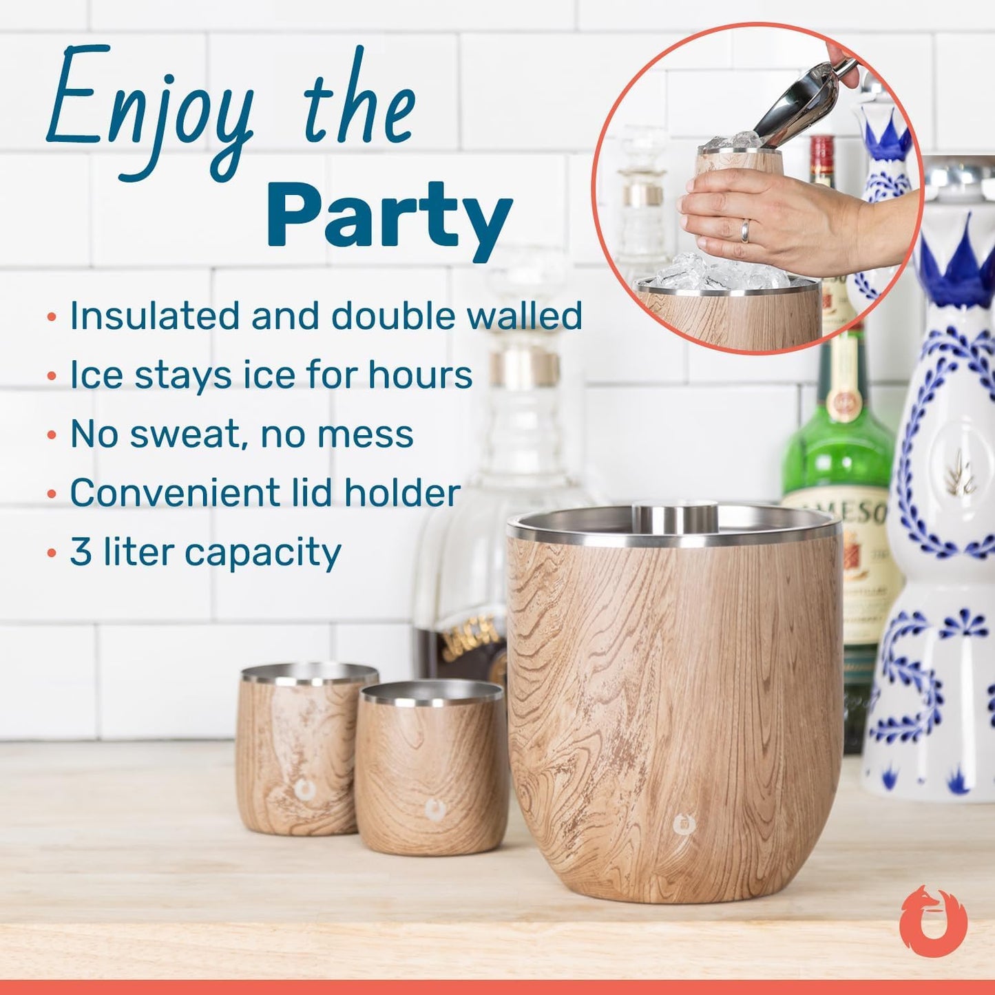 Snowfox Plus - Insulated Ice Bucket with Lid/Scoop, Premium Vacuum Insulated Stainless Steel Ice Buckets for Parties, Ice Box, Home Bar Accessories, Parties Supplies, Bar Decor, 3L, Marble