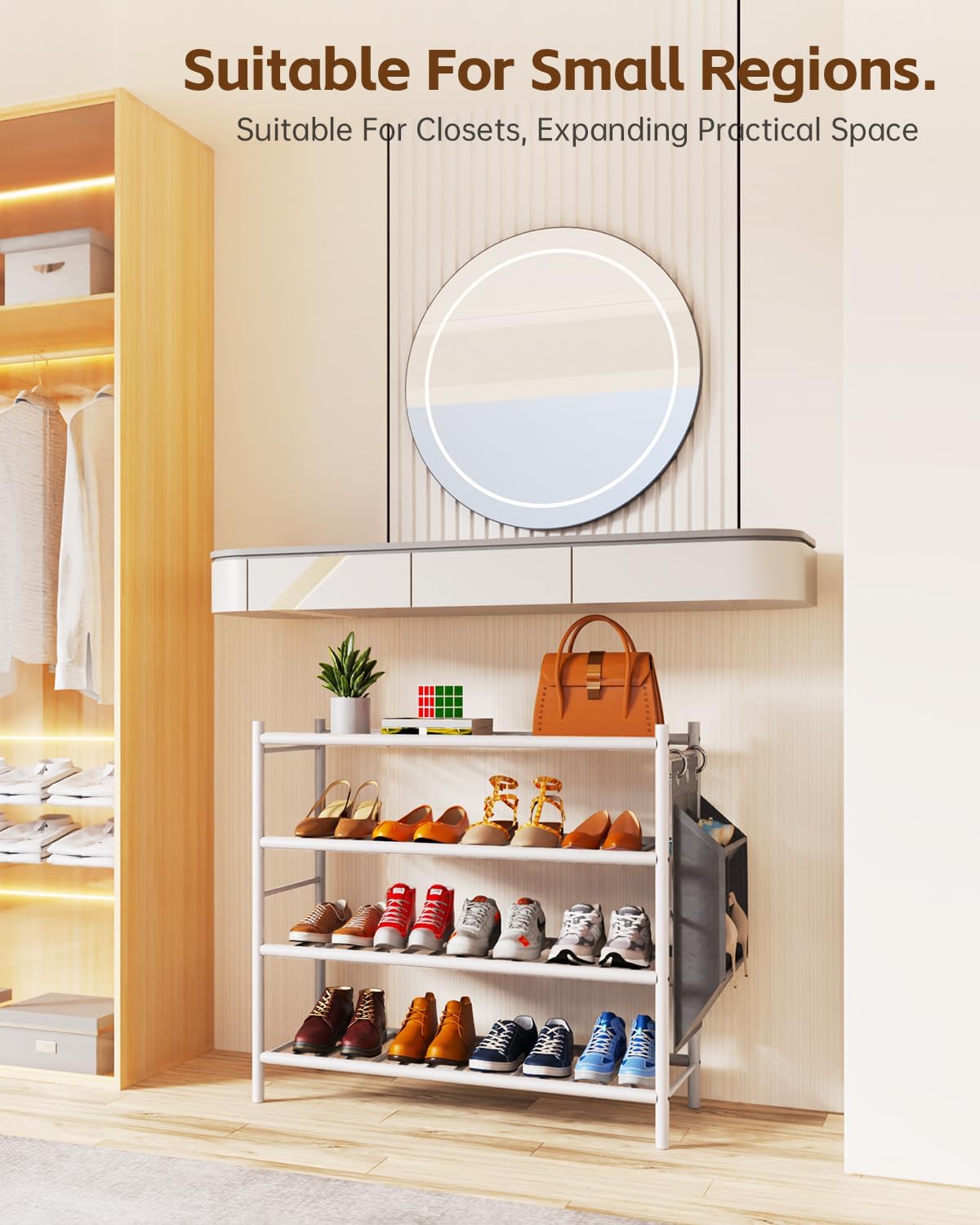 woxlemen Closet 26 inch 4-Tier) Bamboo Shoe Rack for Small Wooden Shoe Organizer with Pouch, Sturdy Wood Shoe Shelf