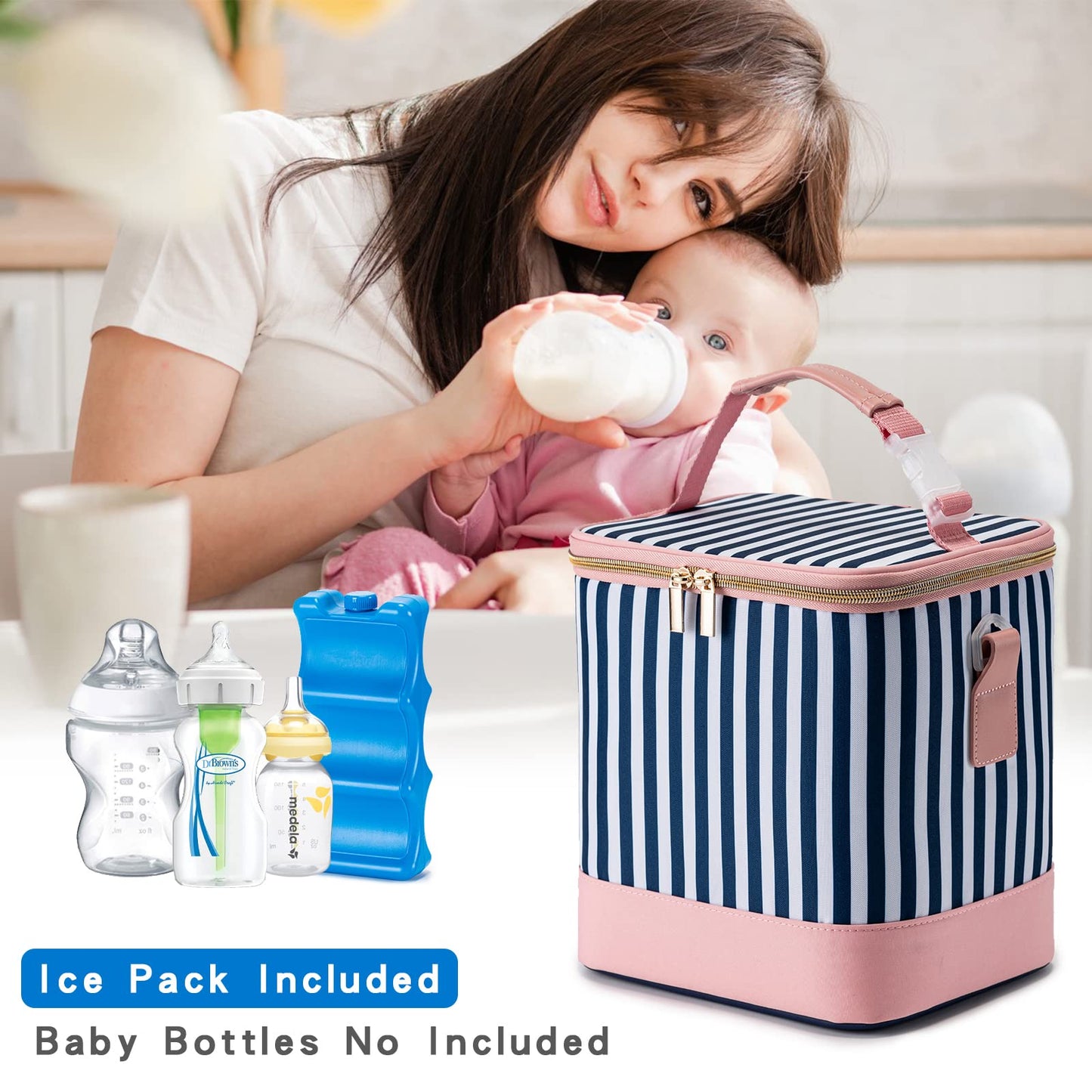 BABEYER Breastmilk Cooler Bag with Ice Pack Fits 6 Baby Bottles Up to 9 Ounce, Baby Bottle Bag with Shoulder Strap for Nursing Mom Daycare, Straps