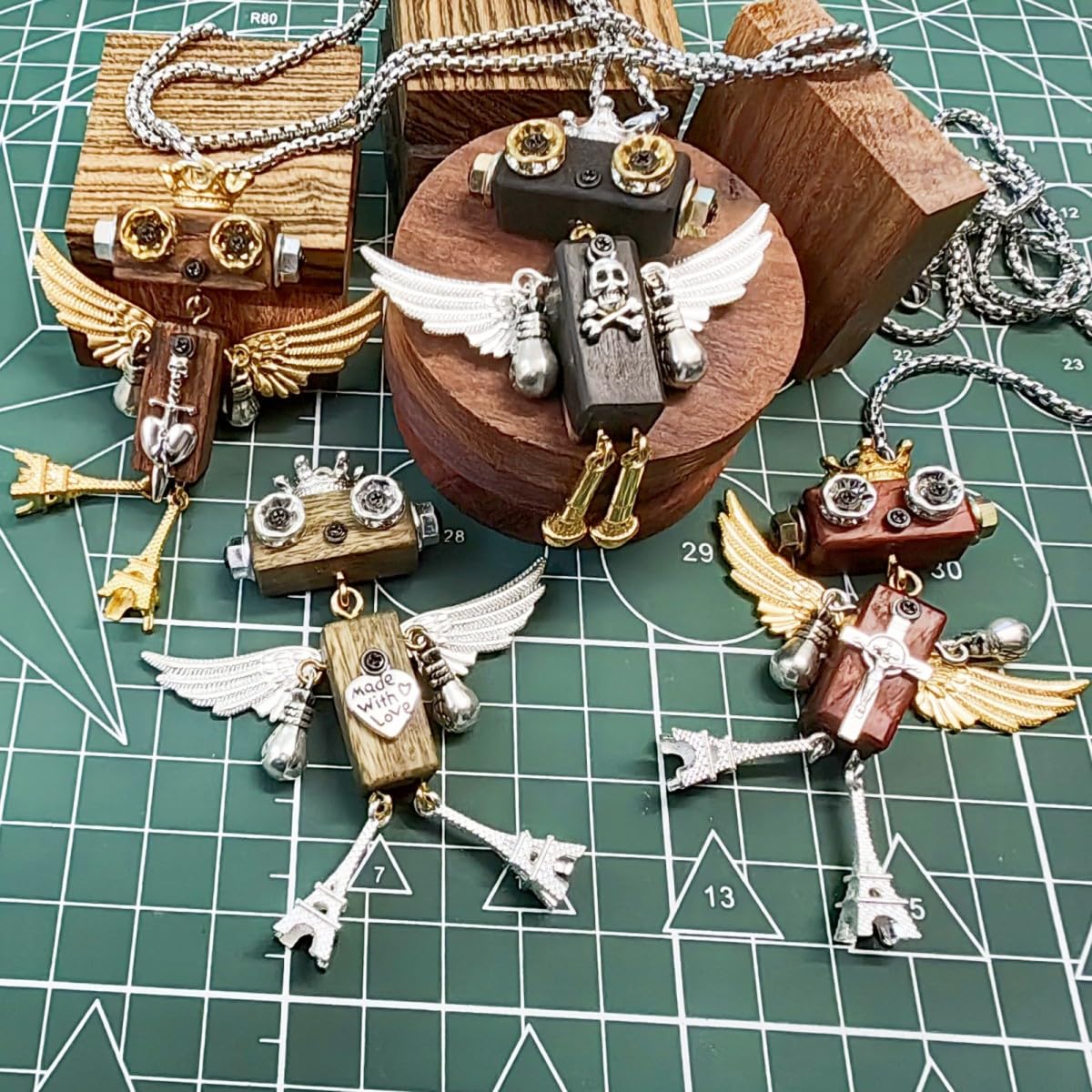 DEUXPER Unique Cross Necklace DIY Set - Wooden Steampunk Robot Charms Pendants, Keychain Decor, Cute Bag Chain, Gold Silver Jewelry Gifts Craft Project for Women Men