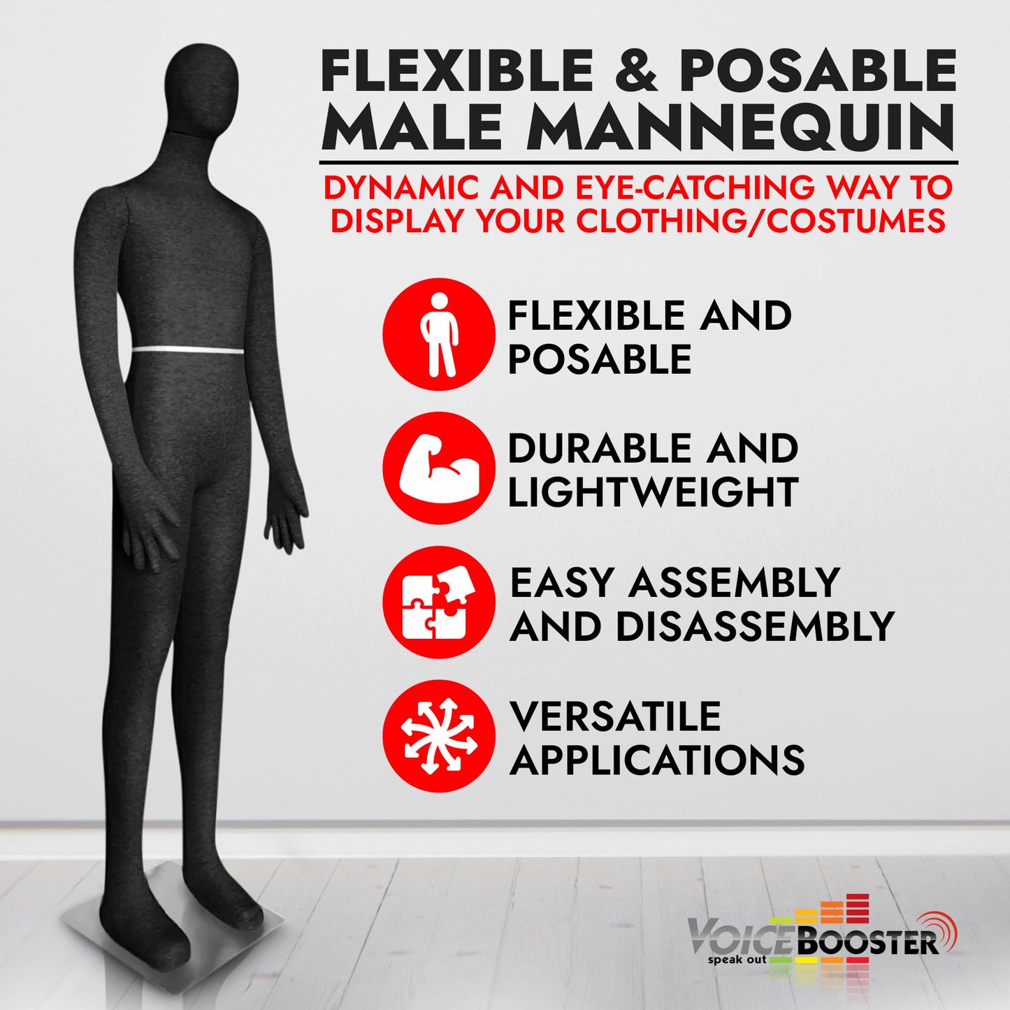 Full Body Male Mannequin by Voicebooster Speak Out - Flexible, Bendable, Poseable Standing Mannequin with Adjustable Arms - Soft Foam Dress Form for Costumes, Clothing Display, Sewing - Black