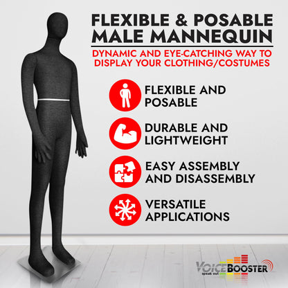 Full Body Male Mannequin by Voicebooster Speak Out - Flexible, Bendable, Poseable Standing Mannequin with Adjustable Arms - Soft Foam Dress Form for Costumes, Clothing Display, Sewing - Black