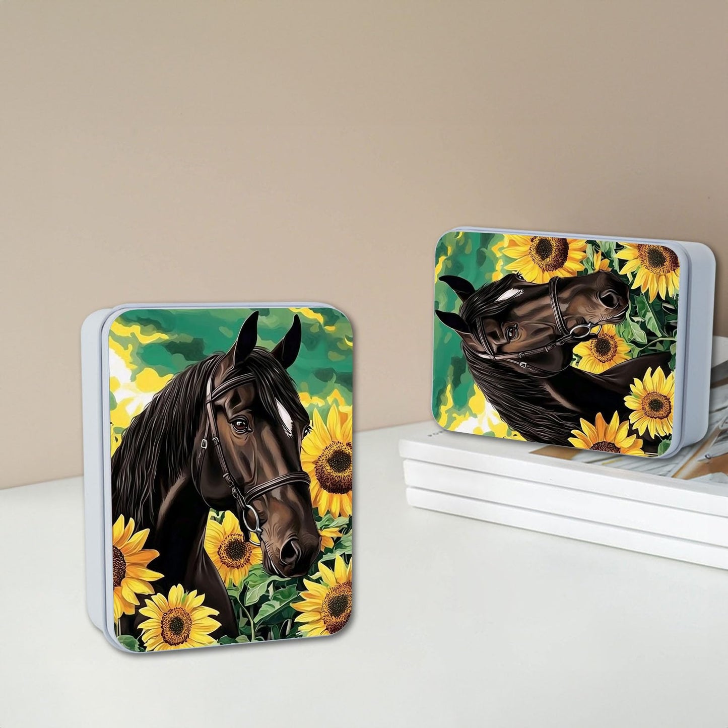 VACGBJPG Metal Tin Box with Lid for Game Cards Home Organizer Candles Keys Crafts Storage - Equipped with 4 Magnetic Cord Clips，Horses and Sunflowers