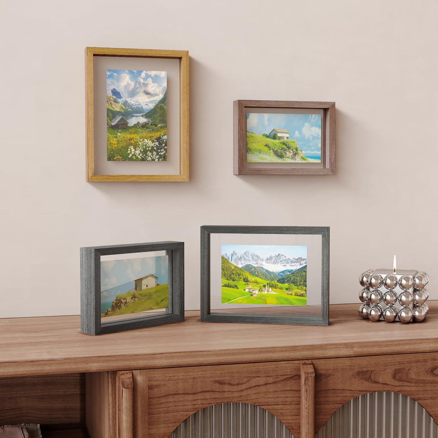 Egofine 5x7 Floating Frames Set of 2, Double Plexiglass Picture Frame, Made of Solid Wood Display Any Size Photo up to 5x7, Wall Mount or Tabletop Standing, Brown