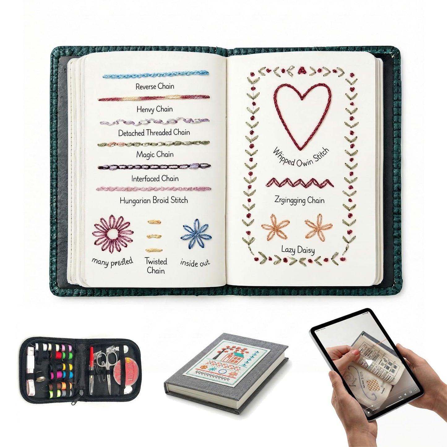 majusaccessory Embroidery Stitch Book Kit for Beginners,106 Patterns & 27 Full Tool Set with Video Instructions, Portable All in One Kit for Stress Relief & Relaxation, Perfect for Leisure Time, Gift