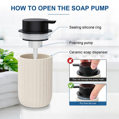Ceramic Foaming Soap Dispenser, 12 oz Bathroom Foam Hand Soap Dispenser, Refillable Lotion Soap Dispenser with Removable Pump for Kitchen Hand Wash Dispenser, Modern Home Decor(2Pack-Black)