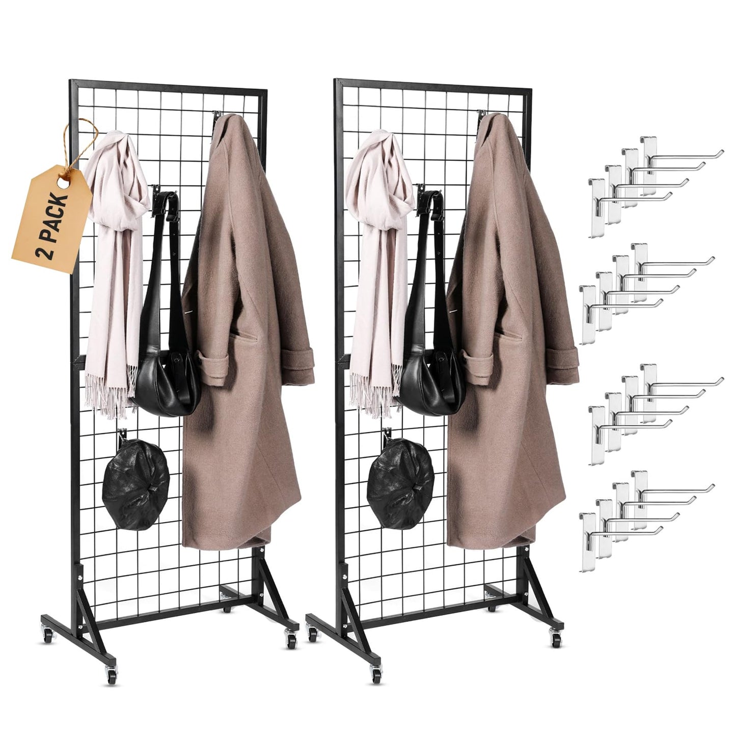2 Gridwall Panels | 5 FT Tall x 2 FT Wide Portable Display Stand for Vendor Events with Caster Wheels | Heavy Duty Grid Wall with 16 Hooks Included | Gridwall Panel Display Stand for Easy Assembly