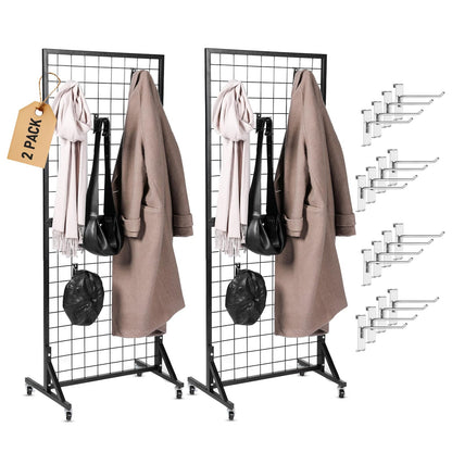 2 Gridwall Panels | 5 FT Tall x 2 FT Wide Portable Display Stand for Vendor Events with Caster Wheels | Heavy Duty Grid Wall with 16 Hooks Included | Gridwall Panel Display Stand for Easy Assembly