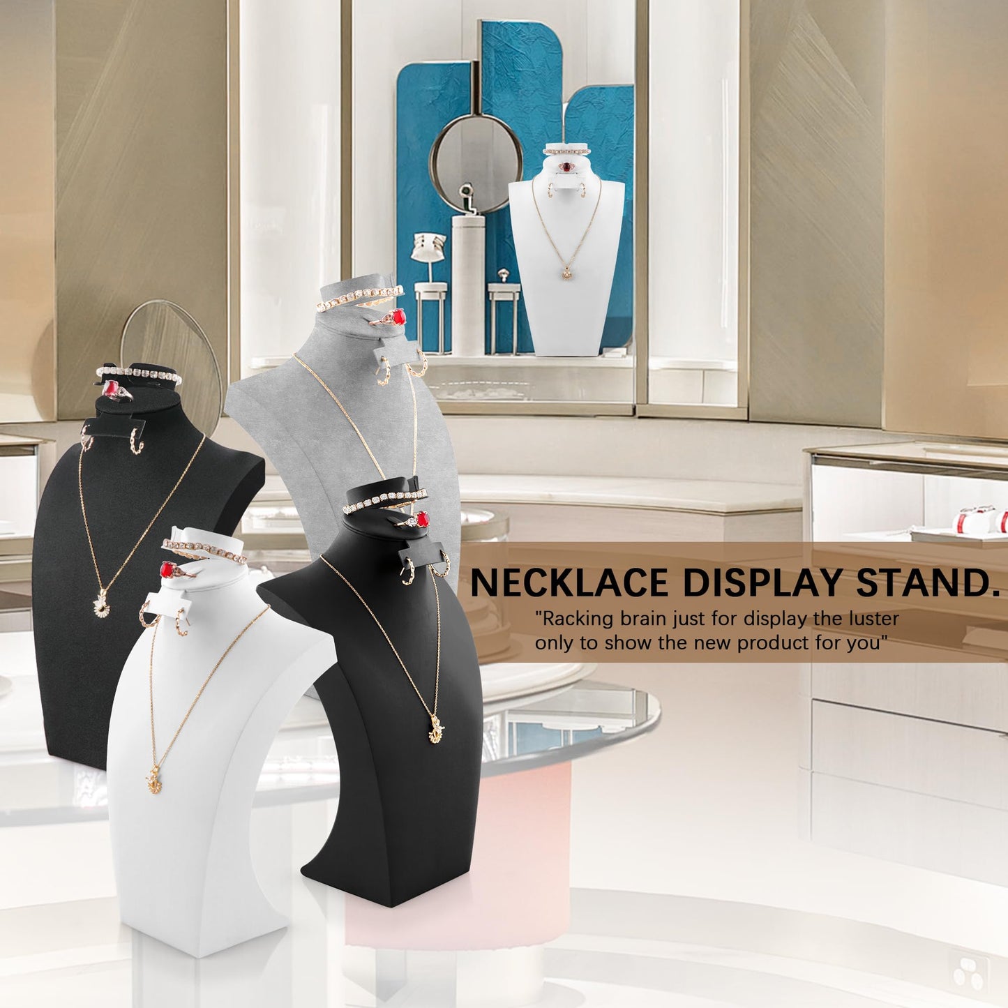 Homeanda Necklace Display Bust, PU Leather Jewelry Display Stand for Vendors, Jewelry Bust Display for Necklace, Bracelets, Earrings, Rings (Black-11.8"x6.7")
