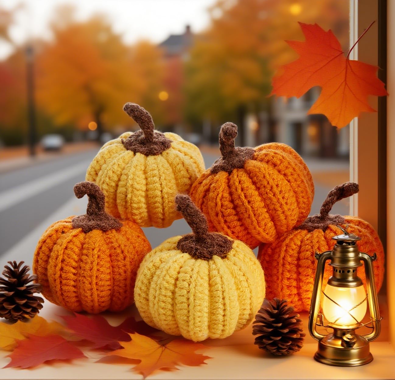 Sahoottie Mini Knit Pumpkins Set of 5, Fall Pumpkins Decor, Autumn Bowl Fillers Fall Farmhouse Tier Tray Decor, Warm Gift for Friend, Thanksgiving Decoration(Mini Autumn Set)