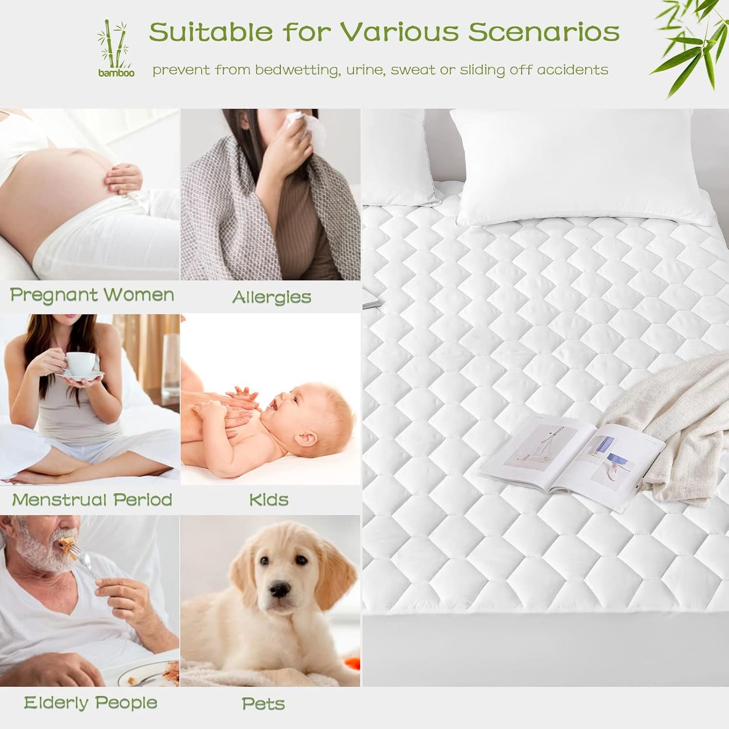 21" GRT Queen Mattress Protector Waterproof, Rayon from Bamboo, Cooling Quilted Fitted Mattress Pad, Noiseless