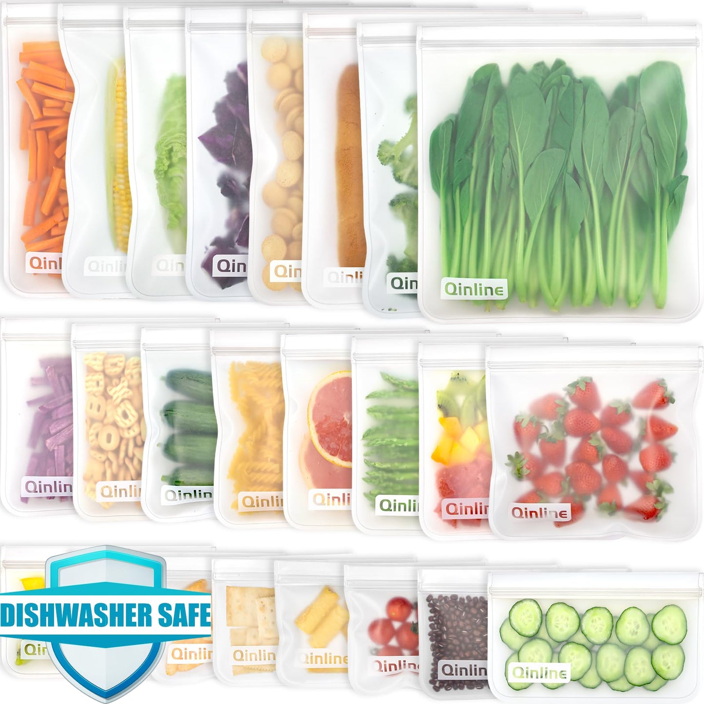 Reusable Food Storage Bags - 24 Pack Freezer Bag, Reusable Bags Silicone, Extra Thick Leakproof Lunch Bag