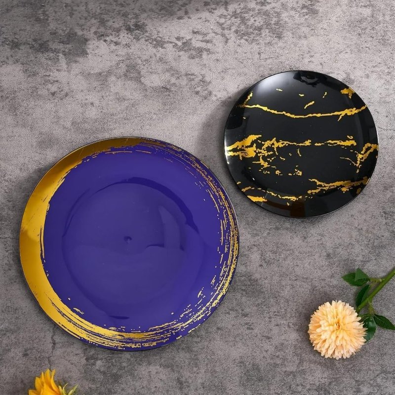 Silver Spoons Elegant Blue Disposable Plastic Dinner Plates with Brushed Gold Rim - 10.25" (Pack of 10) - Ideal for Weddings, Parties & Special Occasion