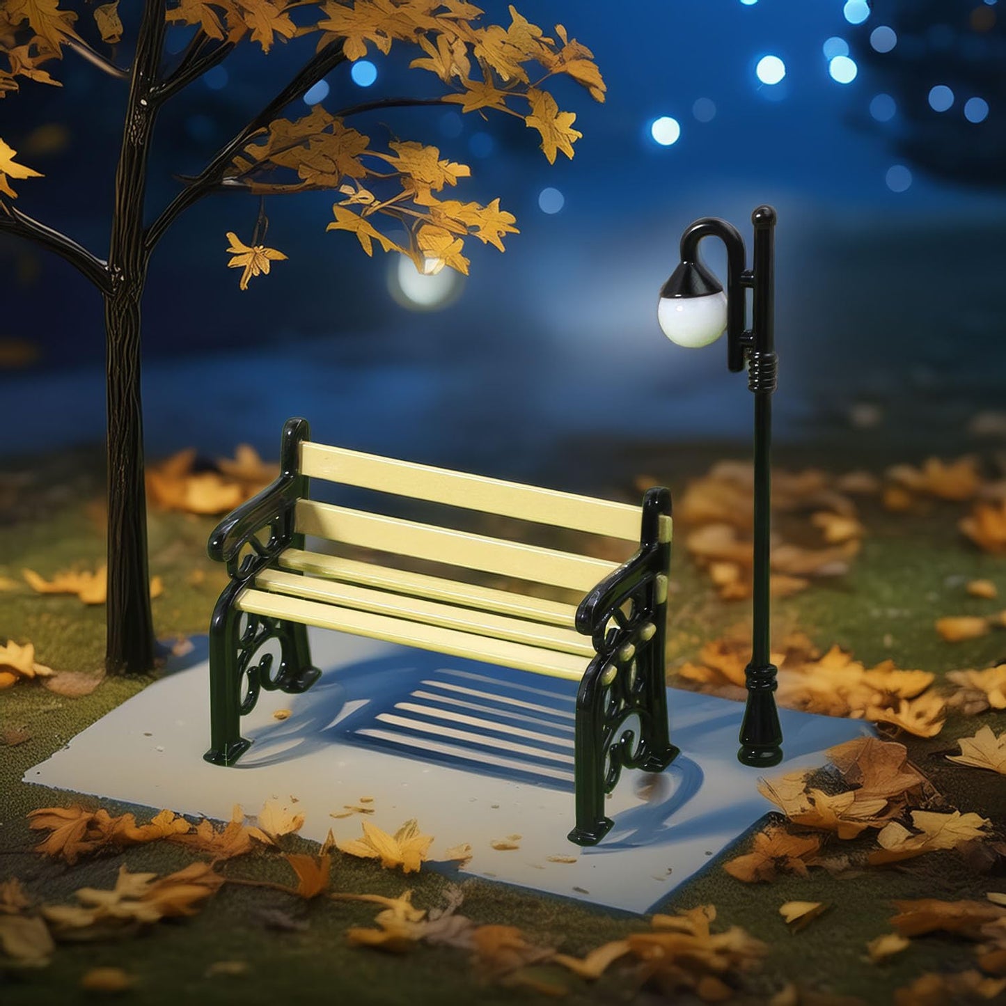 Miniature Lamppost & Bench Set (1:24 Scale): Metal & Wood Outdoor Scene Accessories for Dollhouse Garden, Park Decor, Adult Collector