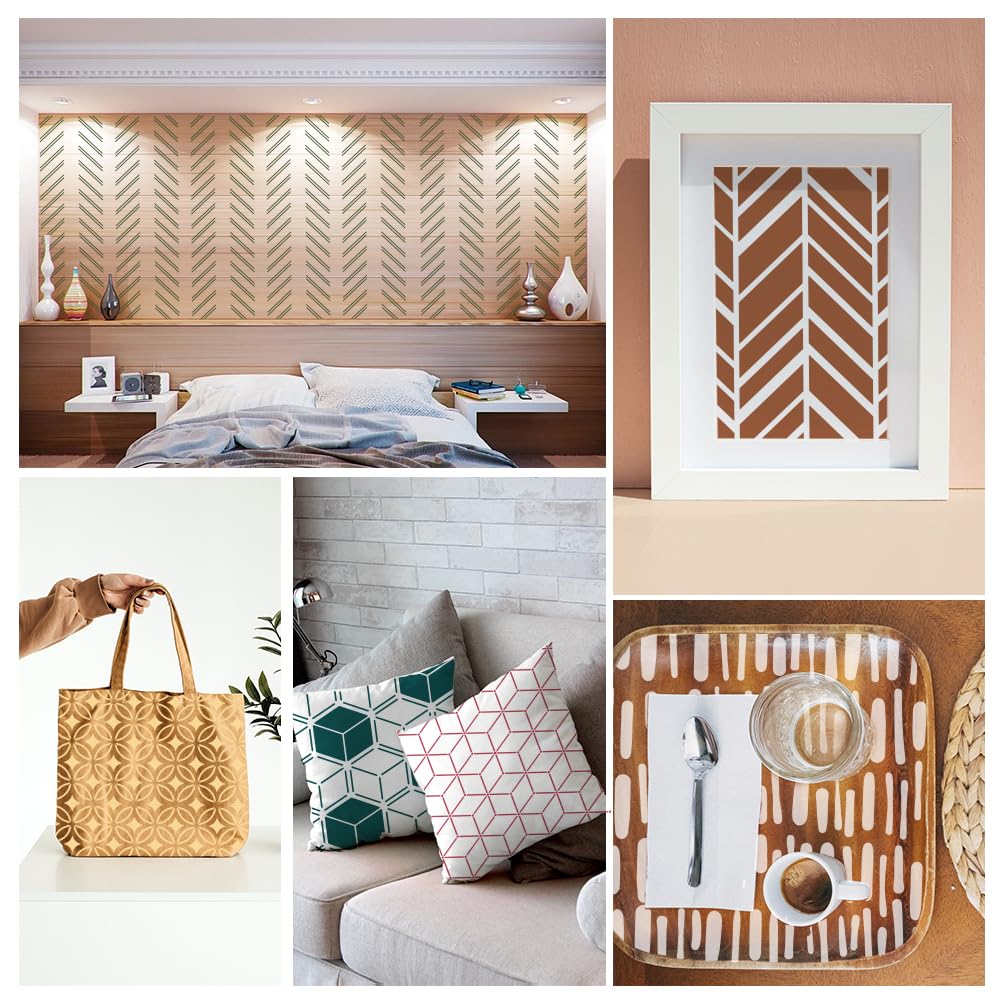 9Pcs Modern Geometric Wall Stencil Templates 11.8 x 11.8 Inch Reusable Plastic Simple Style Stencils for Painting on Wood Wall Floor Tile Fabric Glass Furniture, DIY Home Decor or Craft Stencil